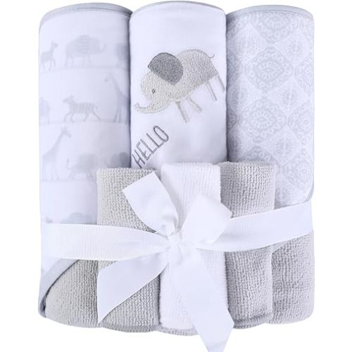 Viviland Baby Towels and Baby Wash Cloths Set Hooded Baby Towels Baby Wipes Absorbent Bath Face Towels Burp Cloths or Face Towels for Girl Boy 6-Pack Size 28 x 28 Inch(Grey Animal Friends)