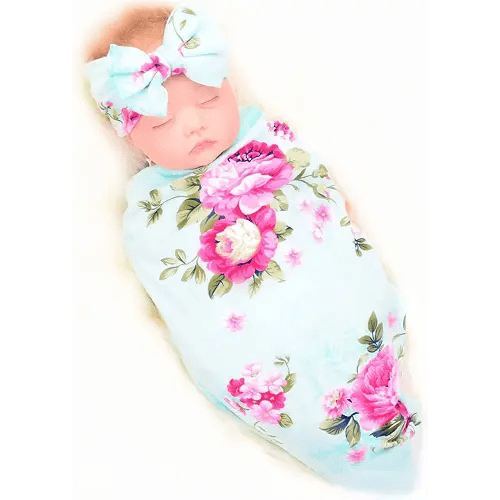 Galabloomer Receiving Blanket Headband Set Flower Print Baby Swaddle Receiving Blankets