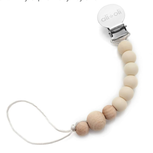 Ali+Oli Silicone Pacifier Clip for Baby (Taupe Wood) 100% Food-Grade BPA Free Newborn Pacifier Holder Infant Binky Clip for Baby Boy or Girl