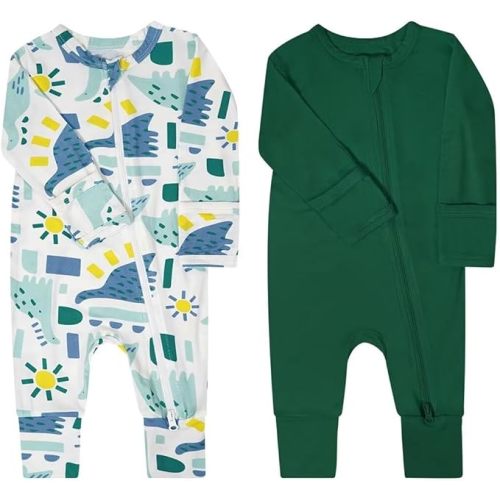 Teach Leanbh Baby Boys Girls 2 Pack Bamboo Viscose Pajamas with Mitten Cuffs 2 Way Zipper Long Sleeve Romper Sleep and Play