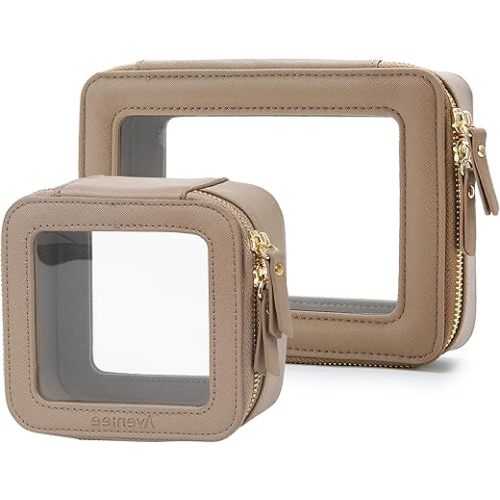 Aveniee Clear Makeup Bag Set (2-Piece Mini & Midi) - Travel Toiletry Organizer for Women, Waterproof Cosmetic Pouch & Car Accessory for Travel Size Toiletries, Taupe