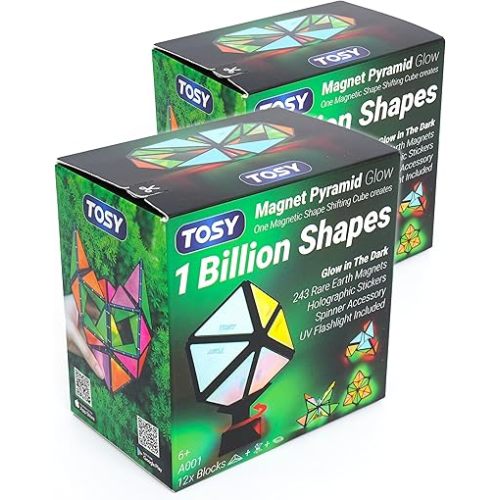 TOSY Magnet Pyramid Glow - 1 Cube Transforms into 1 Billion Shapes, 12 Pieces, 243 Rare Earth Magnets, Glowing, Christmas Stocking Stuffers Gift for Kids, Creative Puzzle STEM/STEAM Toy, 2-Pack