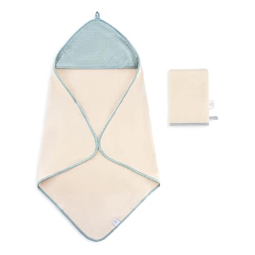 Hooded Baby Bath Towel & Wash Mitt Set, 100% GOTS Organic Cotton | Plush Absorbent Terry, Gentle on Skin, Generously Sized for 0-12 Months