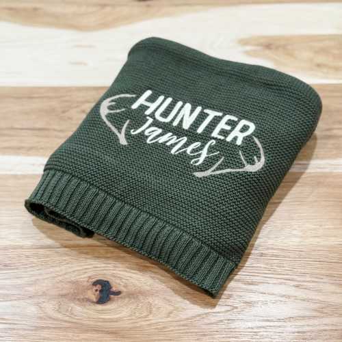 Embroidered Baby Name Blanket, Hunting Blanket Design for Boy, Newborn Embroidered Name Blanket, Cotton Baby Blanket, Antler Newborn Design