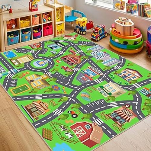 Kids Rugs for Playroom - Soft & Non-Slip 8x10 Feet Town City Map Road Rug Cars Play Mat, Childrens Road Catpet Washable Rug for Classroom Nursery Bedroom Boys