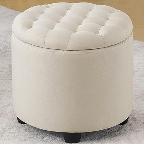 Furniliving Modern Round Storage Ottoman,Button Tufted Ottoman Foot Stools Ottoman Footstool with Removable Lid Storage Ottoman for Living Room, Bedroom, Makeup Room,Beige