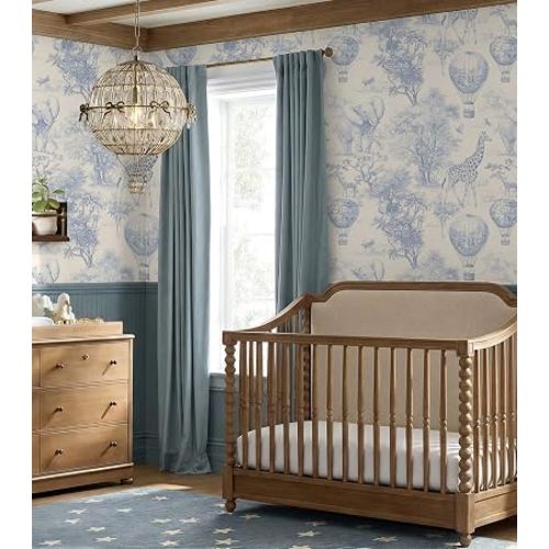 RollsRolla Blue Safari Toile Peel and Stick Wallpaper, Vintage Hot Air Balloon Elephant Giraffe Kids Room Wallpaper, Non-Woven Canvas Fabric Removable Wall Paper for Boys Room, 16.5 in x 120 in Roll