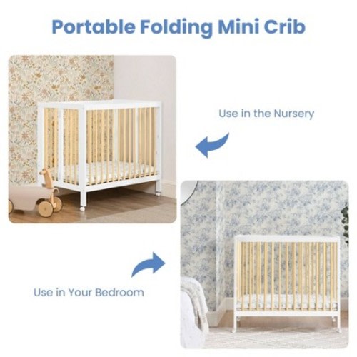 Delta Children Mia Portable Folding Mini Crib with 1.5" Mattress - Greenguard Gold Certified - Bianca White/Natural