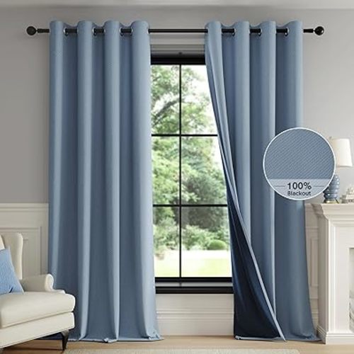 FMFUNCTEX 100% Blackout Curtains for Bedroom, Slate Blue Curtains 84 Inches Long Weave Textured Thermal Insulated Curtains for Living Room, Black Out Drapery Grommet Room Darkening 2 Panels