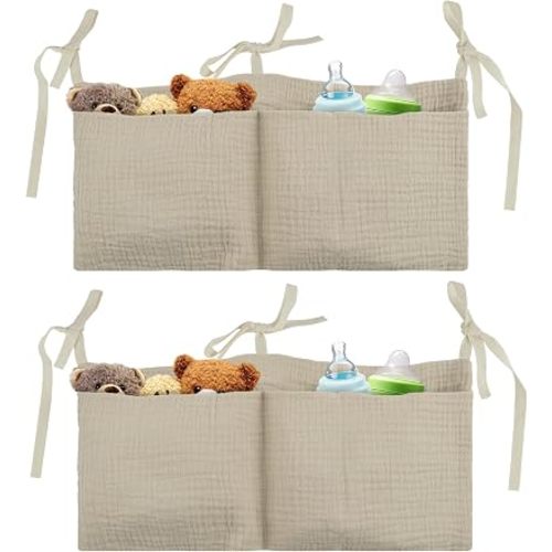 flintronic Baby Bedside Hanging Bag, 2PCS Crib Organizer Bags, Cotton Baby Bed Storage Hanging Bag, 2 Pockets for Milk Bottle Diapers Clothing Drool Bibs Toys