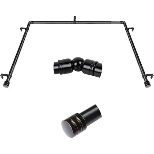 Bay Window Curtain Rods, HOTOZON 7/8 Inch Heavy Duty Curtain Rods for Bay Windows 48-84 Inch(Center Rod), 32-58 Inch Side Rods for Windows, Black, Decorative Drapery Rod with End Cap Finials