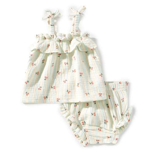 Angel Dear Baby Girls Cherry Stripe Ruffle Sleeveless Top & Matching Bloomer Set
