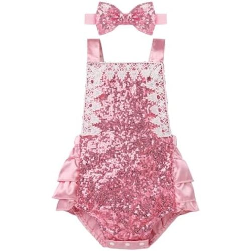 IBTOM CASTLE Infant Baby Girls Sequins Romper Dress Sleeveless Backless Lace Bodysuit Summer Birthday Outfits with Headband