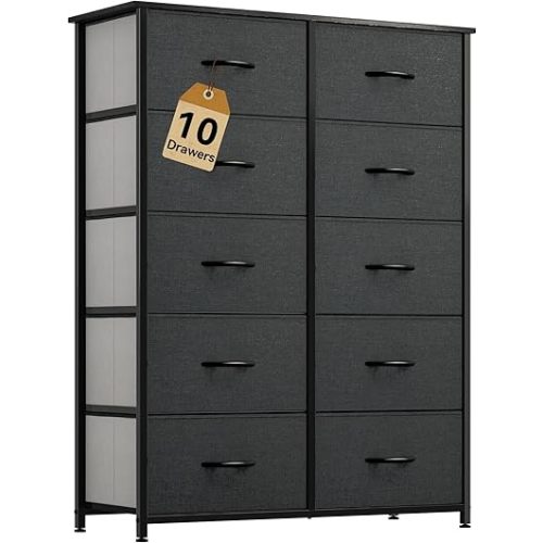 DWVO 10 Drawer Dresser - Fabric Storage Tower, Organizer Unit for Bedroom, Living Room, Hallway, Closets - Sturdy Steel Frame, Wooden Top & Easy Pull Fabric Bins
