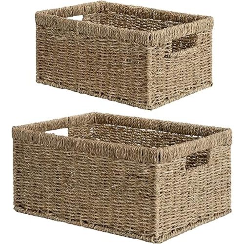 StorageWorks Wicker Storage Baskets, Large and Small Baskets, Handwoven Seagrass Basket for Organizing, Decorative Organizers with Built-in Handles, Set of 2
