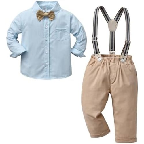 Boarnseorl Baby Boys Pants Sets,Toddler Gentleman Outfits, Infant Long Sleeve Shirt + Pants + Bow Tie + Suspenders - Size 6-9m