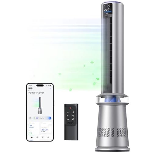 Dreo MC710S Air Purifier Tower Fan, 45" 2-in-1 Smart Fan for Bedroom, 27ft/s Velocity, 120°Oscillation, 24H Timer Bladeless Fans for Home, 25dB Low Noise, Standing Fan Works with Alexa, Silver Blue