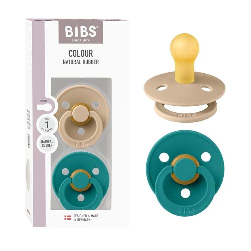 BIBS Colour Pacifier 2-Pack, BPA Free Binky Pacifier, Round Nipple. Natural Rubber Latex, Made in Denmark, Size 1 (0-6 Months), Taupe/Scuba