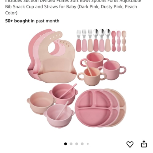 24 Pack Silicone Baby Feeding Set Baby Led Weaning Supplies Includes Suction Divided Plates Soft Bowl Spoons Forks Adjustable Bib Snack Cup and Straws for Baby (Dark Pink, Dusty Pink, Peach Color)