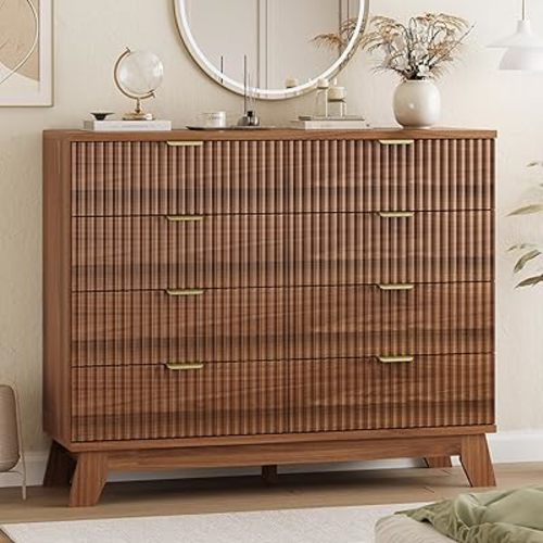 Fluted Dresser for Bedroom with 8 Drawers, 48" Wide Modern Chest of Drawers with Metal Handle, Wooden Dresser TV Stand, Wood Closet Clothes Storage Organizer for Living Room, Hallway, Walnut