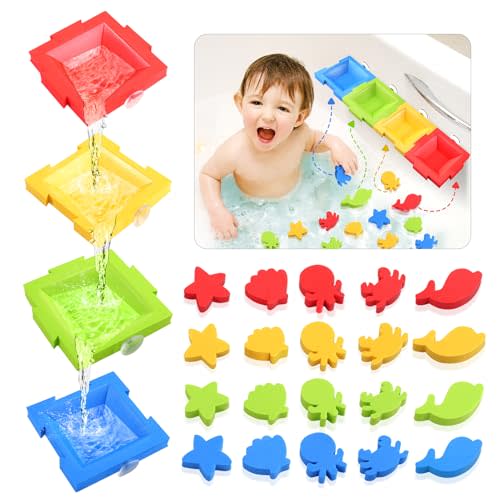 Zaxideel Bathtub Color Sorting Toys for Kids: Foam Bath & Shower Wall Toys for Toddlers, Fine Motor Skills Baby Stacking 2-4 Ages, Suction Bath Boats, Early Learning Children Birthday Gifts