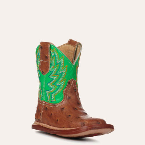 Roper Infant Buddy Neon Green and Cognac Ostrich Print Square Toe Cowboy Boots