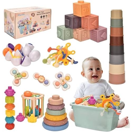 Montessoriii Toys for 1 Year Old,Baby Toys 6-12 Months,Stacking Building Blocks & Soft Infant Teething & Matching Eggs for Toddlers 6-9-12 Months,Baby Boys&Girls Gifts(7 in 1)