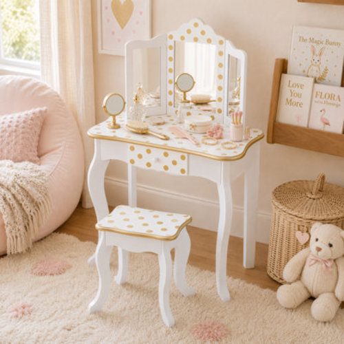 Teamson Kids Gisele Wooden Play Vanity Set with Tri-Fold Mirror, Storage Drawer, Matching Stool and Kids Makeup Table for Ages 3+ | Wayfair