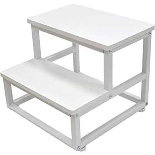 Nursery Step Stool, Wooden and Metal Foot Stool for Adult Kid, Steps for High Beds with Round Corners, Small Stepping Stool for Bedroom Kitchen, Load 500 LB, White