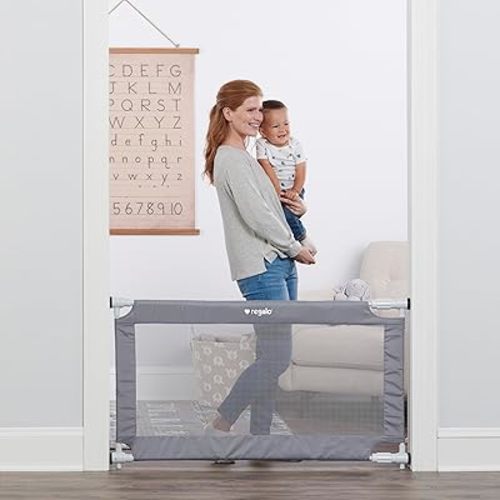 Regalo Safety 27.5-50” Extra Wide Mesh Baby Gate for Doorways & Hallways, Expandable Pressure Mounted Baby Gate for Toddlers & Pets, Includes Rubber Bumpers, Gray