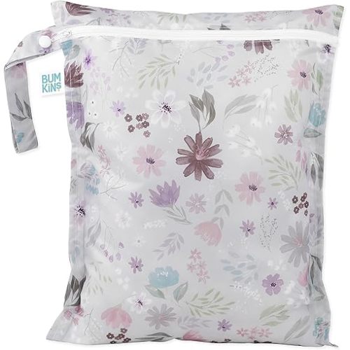 Bumkins Waterproof Wet Bag for Baby, Travel, Swim Suit, Cloth Diapers, Pump Parts, Pool, Beach, Gym Clothes, Toiletry, Hook to Stroller, Daycare, Zipper Reusable Wetdry Packing Pouch, Florals Gray