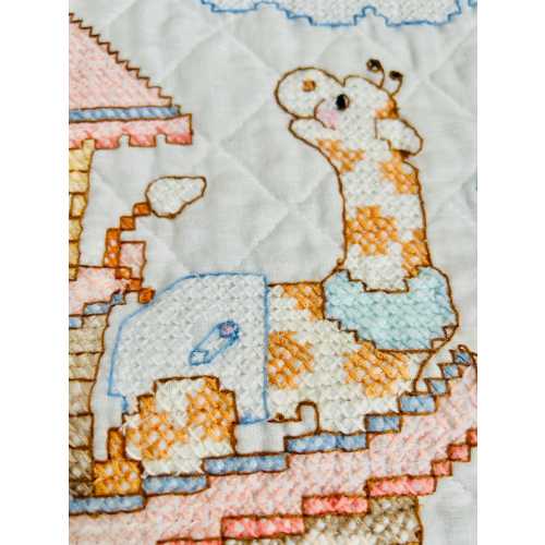 Vintage Noah's Ark Cross Stitch Quilt – Hand Stitched Nursery Decor 33" x 43"