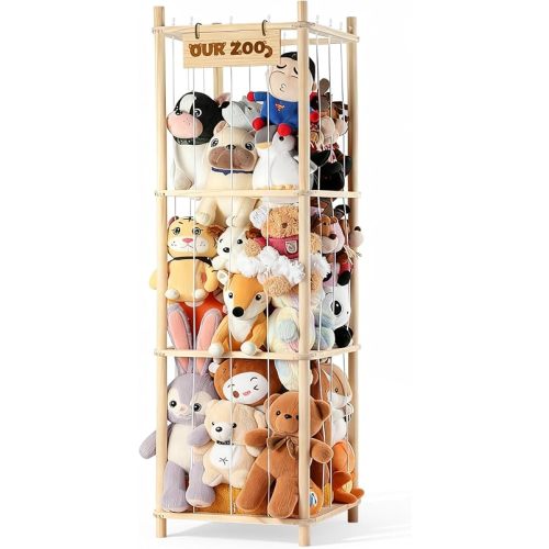 LAMU Stuffed Animal Storage, Wooden Zoo Stuffed Animal Holder with Elastic Cords, Space Save Toy Organizer, Extra Large Capacit Stuffed Animal Organizer for Playroom, Bedroom, Nursery