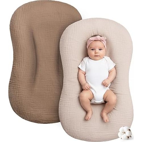 Muslin Baby Lounger Cover 2 Pack, Cotton Soft Breathable Infant Nest Slipcovers, Envelope Closure, Compatible with Snuggle Me Loungers, Machine Washable, Cover Only, for Boys Girls(Brown & Beige)