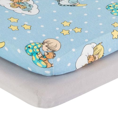 Everyday Kids Precious Moments 2-Pack Baby Boy Cradle Sheets, 100% Cotton Jersey Knit, Soft & Breathable – Blue/Yellow Print & Solid Gray