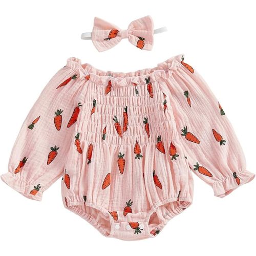 SIZE: 6-12 MONTHS Baby Girl Easter St Patricks Day Outfit Newborn Girls Long Sleeve Ruched Carrot Print Romper with Headband 0-18M