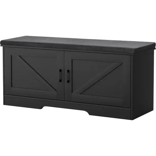 HOMSHO Farmhouse Shoe Storage Bench with 2 Barn Doors & Padded Seat Cushion