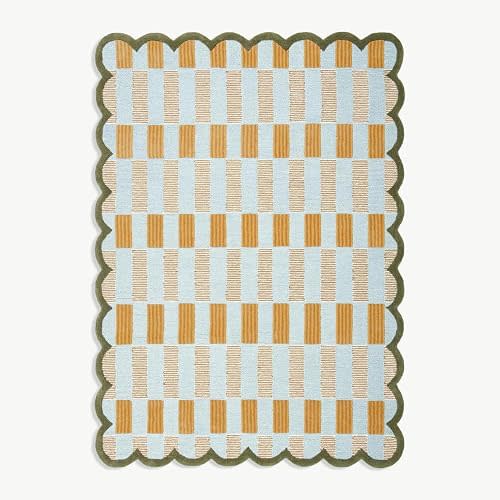 RUGWYN Hand-Tufted Scalloped Wool Area Rug, Modern Plaid Checkered Pattern, Soft & Durable Cozy Accent Rug for Living Room, Bedroom & Nursery, Handmade Decorative Carpet (Light Blue, 5' x 7')
