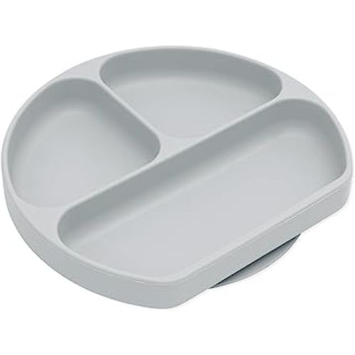 Bumkins Toddler and Baby Suction Plate, Divided Grip Dish for Babies and Kids, Baby Led Weaning, Feeding Supplies, Sticks to Tables and Highchairs, Platinum Silicone, for Chidren 6 Months, Gray