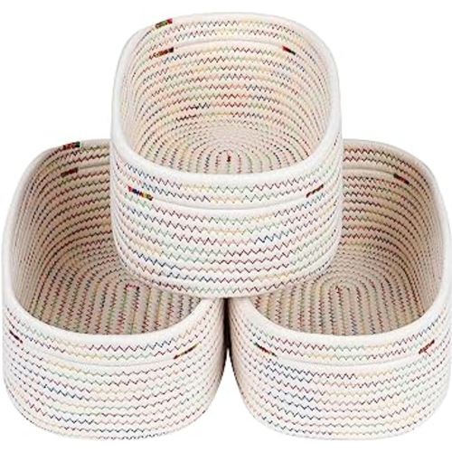 CubesLand Rectangle Organization/Storage Basket,Natural Cotton Rope Woven Baskets for Organizing,Small Basket for Kids, Baby Nursery,Cat Dog Toy Baskets,Organizer Bins for Shelves Rainbow Stitches