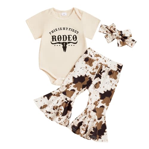 Newborn Baby Girl Western Outfits My First Rodeo Romper Cow Print Flared Pants Set Cowgirl Country Clothes