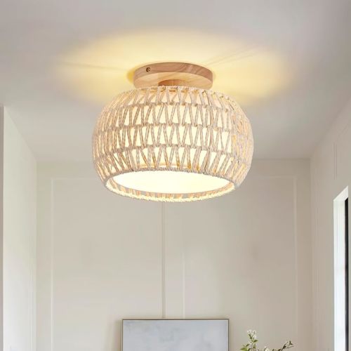 Rattan Ceiling Light Fixture，3 Style Options Boho Flush Mount Ceiling Lights, Hand-Woven Rattan Chandelier,Mini Bohemian Wicker Light Fixtures, Farmhouse Light Fixture for Bedroom Hallway Entryway