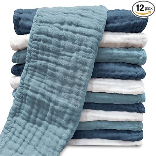 Muslin Burp Cloths for Baby 100% Cotton Burping Cloths for Unisex, Boy, Girl - Large 20'' by 10'' Newborn Essentials Ultra Soft Absorbent Milk Spit Up Rags - 12 Pack - White+Light Navy Series