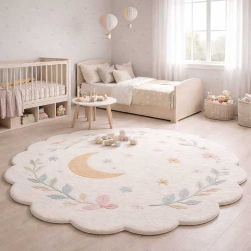 Hand-Tufted Wool Kids Rug: Floral Scalloped Nursery Carpet