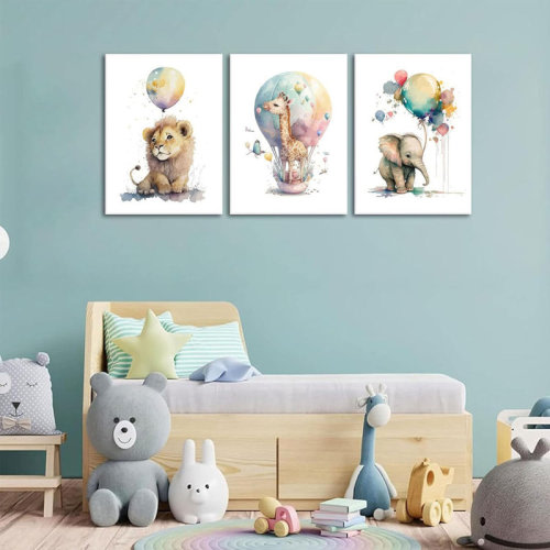 Zoomie Kids 3Pcs Cute Nursery Balloon Animal Canvas Wall Art Watercolor Giraffe Lion And Elephant Posters Prints Safari Animal Wall Decor Pictures For Kids Room Home Decoration Unframed | Wayfair
