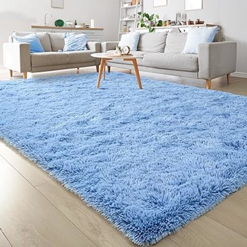 Keeko Fluffy Blue Area Rugs for Bedroom Kids Room, Cute Shag Fuzzy Baby Rugs Living Room Soft Furry Large Bedroom Carpet Indoor Bedside Rug for Teen Boys Girls Nursery Dorm Decor, 5.3x7.5