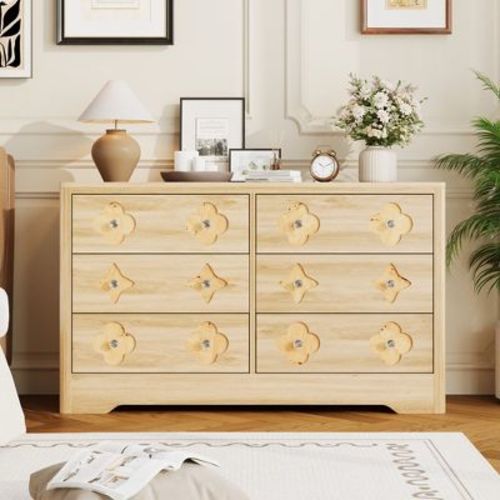 6 Drawer Dresser for Bedroom, 47.2'' Wide Dresser, Boho Chest of Drawers, Wooden Chest with Clothes Storage Cabinet, Decorative Drawer Front