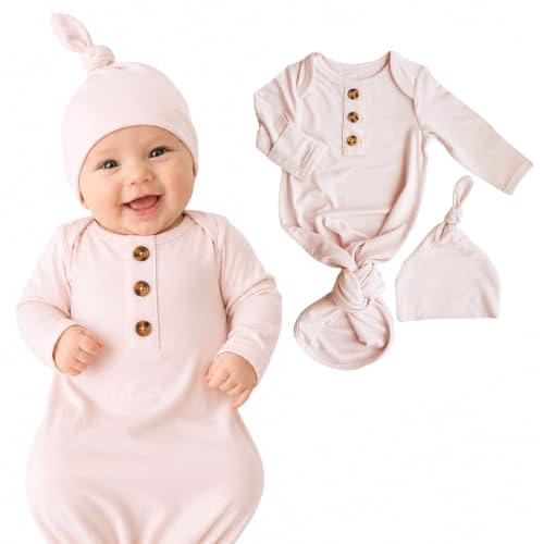 Caden Lane Newborn Knotted Gown with Hat, Soft Bamboo Viscose Baby Sack, Unisex Infant Breathable Night gown Pale Pink