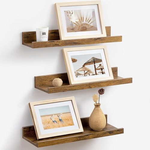Picture Ledge Shelf | 16 Inch Oak Floating Shelves Set of 3 | Rustic Wood Wall Shelves with Lip | 16" Oak Picture Shelf for Wall with Ledge | Photo Shelves