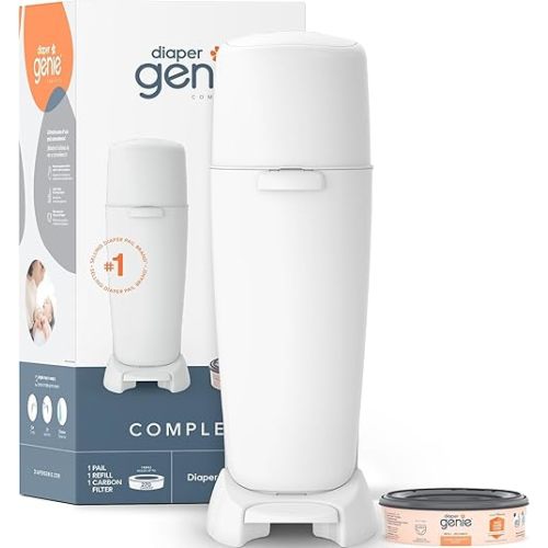 Diaper Genie Complete Diaper Pail (White) – Includes 1 Refill (Holds 270 Newborn Diapers) & 1 Carbon Filter